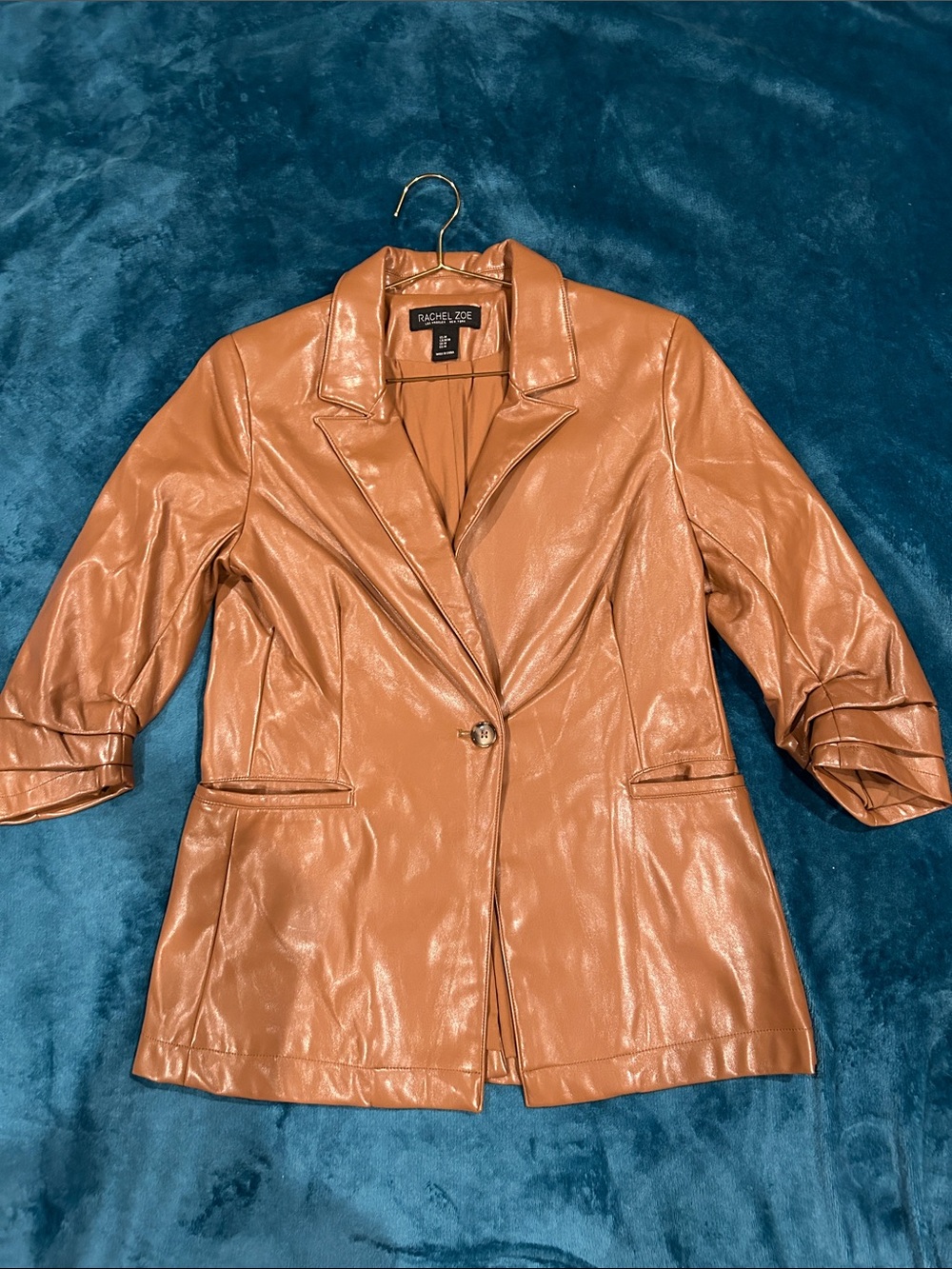 Rachel Zoe Caramel Tan Faux Leather Single-Button Blazer